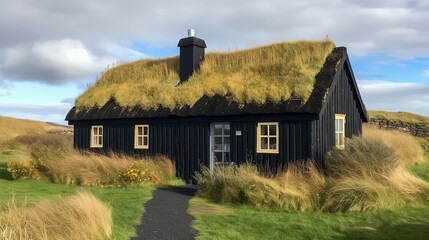 Fototapeta na wymiar grass roof cottage in rural countryside, Generative Ai