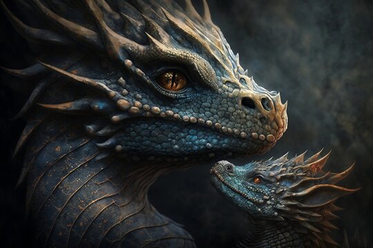 Illustration of a dragon and its baby in a close-up view created with Generative AI technology
