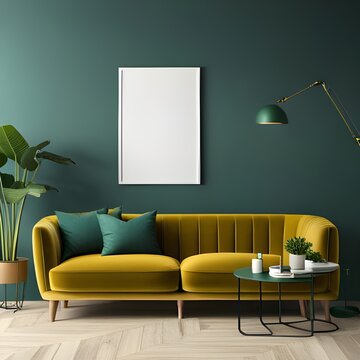 Makieta ramki na zielonej ścianie, nowoczesny salon, renderowanie 3d