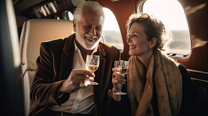 Happy millionaire couple in love toasting with champagne sitting in their private jet. Generative AI