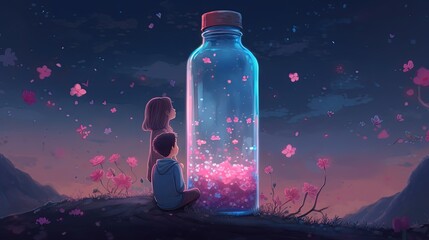 concept of beautiful memories, seize the moment, good time save in bottle time capsule, two kids girl and boy watching flowers in bottle, Generative Ai
