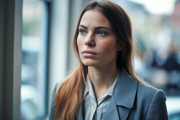 Naklejka premium Beautiful businesswoman taking a break while looking forwards to the window at the office. Generative AI