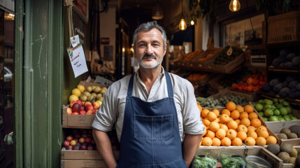 Middle aged shopkeeper posing proudly in front of his fruit shop. Generative AI - obrazy, fototapety, plakaty