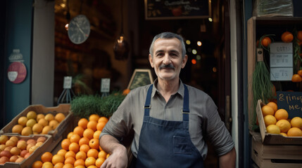 Middle aged shopkeeper posing proudly in front of his fruit shop. Generative AI