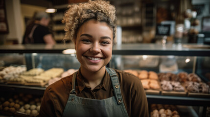Beautiful smiling pastry chef posing proudly in front of the counter of the pastry shop. Generative AI