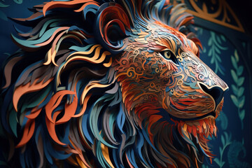 Artistic lion portrait paper cut technique. Digitally generated AI image