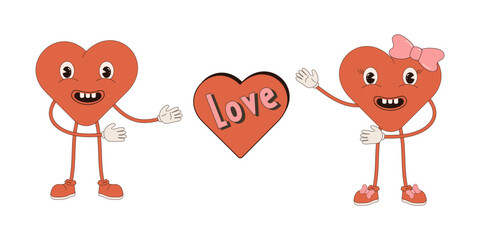 Valentine's day. Groovy retro hearts. Valentines day greeting card. Hippie happy hearts in retro cartoon style. Vintage hearts.Retro style Valentine's day. 