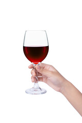Hand hold glass of red wine isolated on white background.