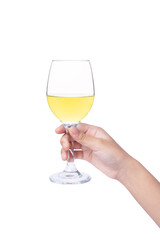 Young woman hand holding glass of yellow wine isolated on white background.