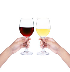 Young woman hands holding glass of wine isolated on white background.