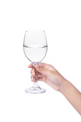 Hand hold glass of water isolated on white background.