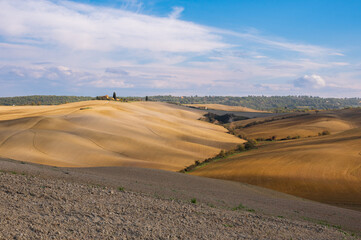 Fototapeta na wymiar The picturesque authentic Italian scenery with plowed fields and blue sky in Tuscany, Italy. Pastoral landscape of Tuscany.