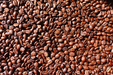 Roasted coffee beans background, Top view of brown coffee beans, Texture freshly roasted coffee beans. - 592228861