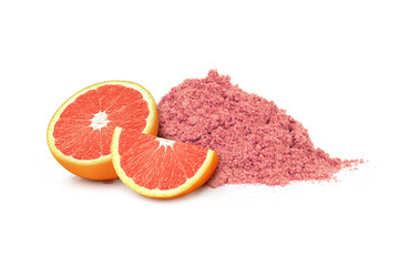 grapefruit protein powder with fresh fruit isolated on white background.