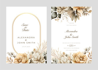 Set of Dry rose Elegant golden brown watercolor flower wedding invitation design template - obrazy, fototapety, plakaty