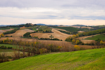 Fototapeta na wymiar Beautiful Italian Landscape in Tuscany with famous cypress trees and cloudy sky. Pastoral landscape of Tuscany with plowed fields.