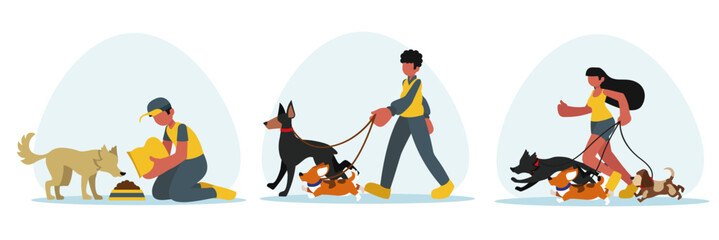 Set of cartoon characters from volunteering organizations with dogs. Time for walking dogs. Social active youth. Charity and donations for domestic animals. Vector