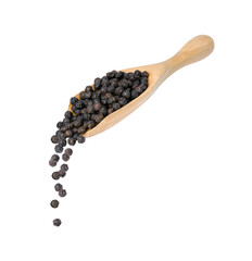 Black peppercorns (black pepper) falling from wooden scoop isolated on white background