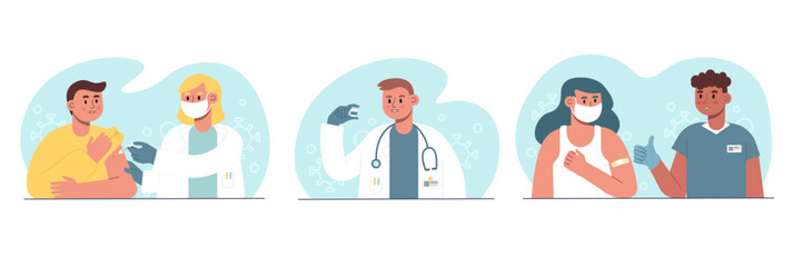 Set of cartoon characters getting protection from Covid 19 pandemic. Time for getting vaccines.Flu, influenza or coronavirus vaccination. Boosting immune system health. Vector