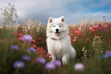 Samoyed sitting in flower field. Not an actual real pet. No image props were used. Digitally generated AI image