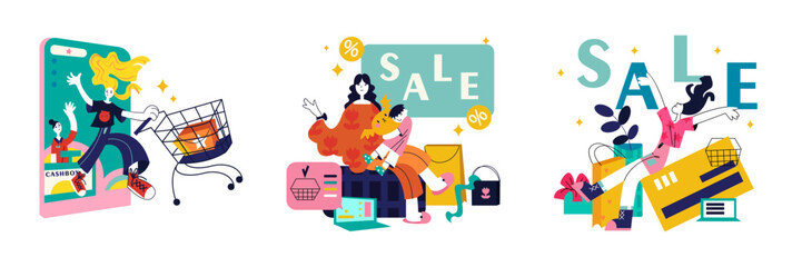 Set of colored cartoon characters doing shopping online at big sales. Process of buying goods via Internet. Electronic commerce and digital environment. Vector