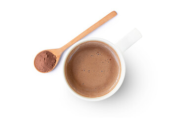 Cocoa drink and cocoa powder in wooden spoon isolated on white background. Top view. Flat lay. 