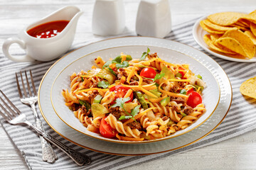 pasta salad with ground beef and veggies in bowl