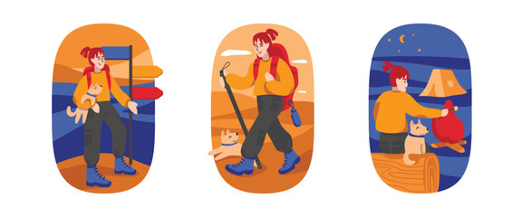 Set of cartoon characters of young women doing camping during their vacation. Time for camping. Sleeping in tent in forest. Process of traveling with pet. Vector