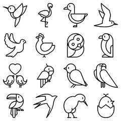 Fototapeta premium Birds thin line icons set: dove, owl, penguin, sparrow, swallow, kiwi, parrot, eagle, humming bird, pink flamingo. Modern vector illustration.