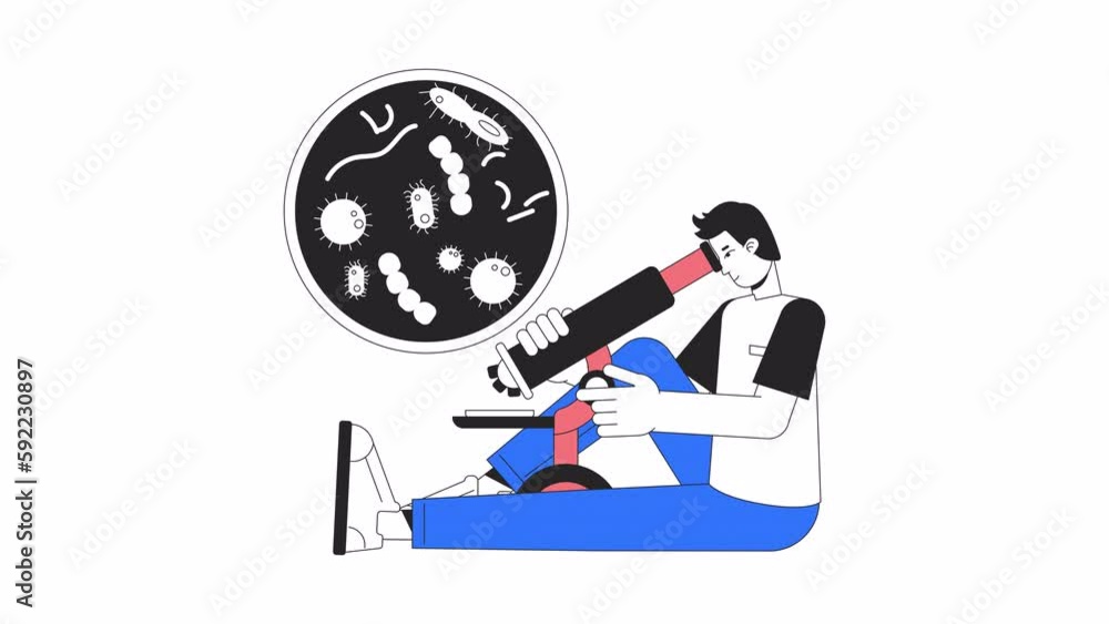 Aufkleber microscopic analysis animation. animated man looking at microscope 2d cartoon flat colour line chara