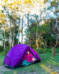 Beautiful girl in pink blouse wakes up happy in Australian bush near the beach. Sleeping in a transparent tent in Australia, NSW.