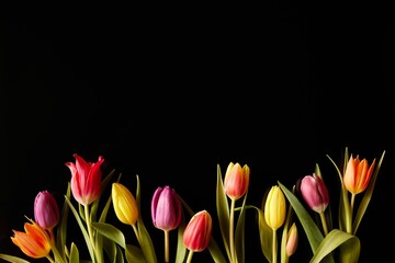 Assorted colorful tulips isolated on black background.