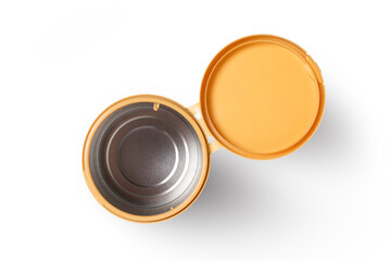 Empty aluminum can with lid isolated on white background with clipping path, top view, flat lay.