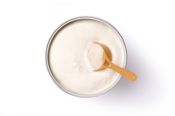 Collagen powder or milk powder in can with spoon isolated on white background with clipping path,...