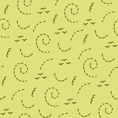Green seamless pattern with dotted lines, spirals and birds.