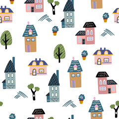 Houses seamless pattern. Urban Abstract background with different houses with hand drawn textures and shapes. Creative city for fabric, textile, wallpaper, wrapping paper design. Vector illustration