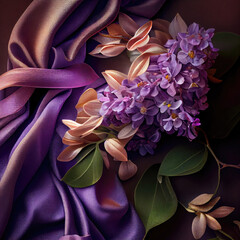 Bouquet of fresh and silk purple flowers on soft purple fabric.