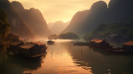 tranquil tropical valley lake with mountain and raft house, fog drifting over water surface in early morning, Generative Ai