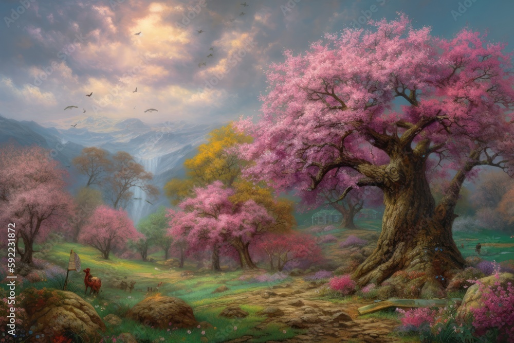 Poster digital painting of a beautiful spring landscape with a large tree in the foreground. generative ai