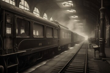 Train in the old train station at night. Retro style toned. Generative AI