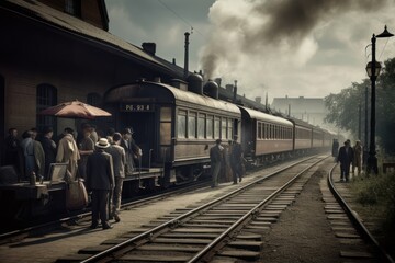Vintage train in the old town, Generative AI