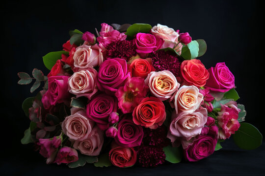 Bouquet of beautiful roses on black background. Digitally generated AI image