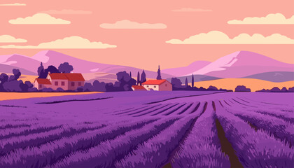 Plakat Beautiful colors purple lavender fields Provence in France. Vector illustration.