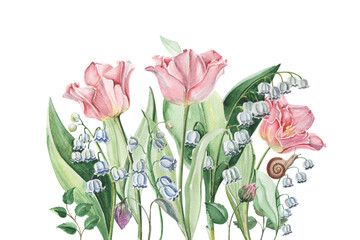 Obraz premium Spring vintage illustration of bouquet for greeting card and postcard. Lily of the valley and pink tulips on white background.