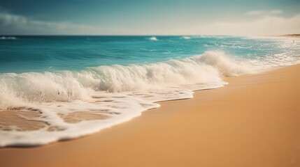 Fototapeta na wymiar close up vintage tone color picture, of white foam waves crashing on fine sand beach, tropical island atmosphere, Generative Ai