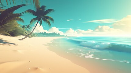 Fototapeta na wymiar painting illustration style of beautiful white beach blue water seascape paradise bay on tropical island, idea for summer travel background wallpaper, Generative Ai