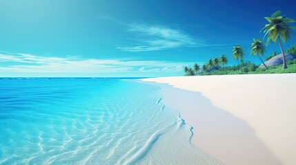 beautiful white beach blue water seascape paradise bay on tropical island, idea for summer travel background wallpaper, Generative Ai