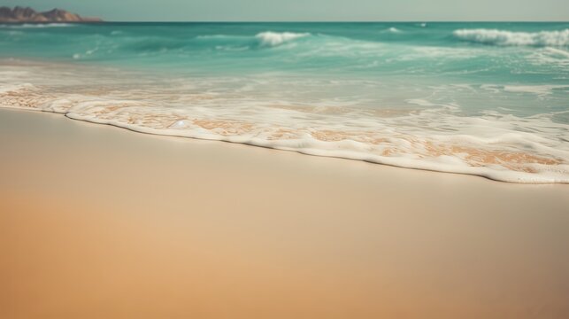 close up vintage tone color picture, of white foam waves crashing on fine sand beach, tropical island atmosphere, Generative Ai