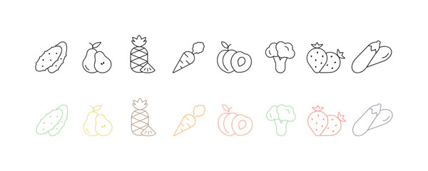 Set of outline fruits and vegetables icons. Pear, pineapple, broccoli, strawberry, cucumber, carrot. peach. Vector illustration collection. Healthy food concept.