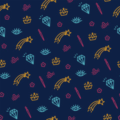 Naklejka premium Seamless pattern with multicolored doodle elements on a dark blue background in doodle style.